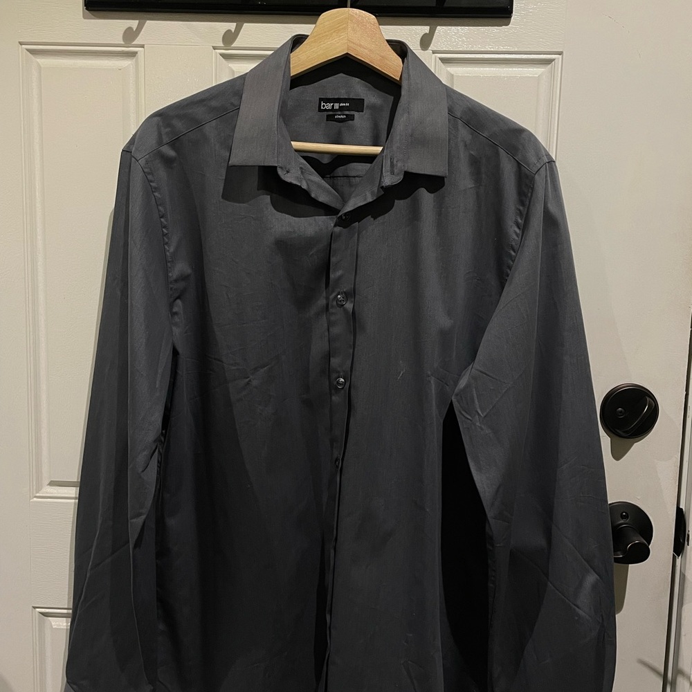 Bar III slim fit stretch dress shirt. Gray blue color.